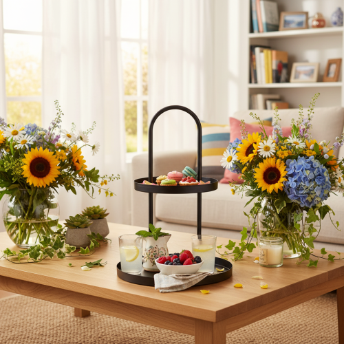 Round Metal Two-Tiered Decorative Tray Black 58cm | Floristik24.co.uk