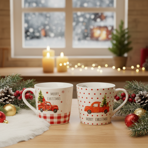 Set of 2 Christmas Ceramic Mugs with Red Car and Tree Design, 10cm | Floristik24.co.uk
