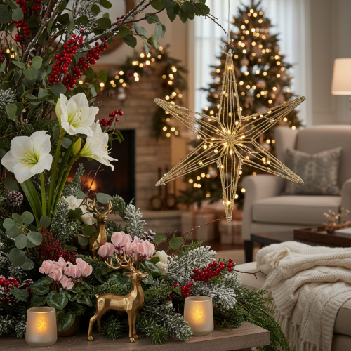 LED Wire Star Ornament, Gold, 32cm, Indoor Hanging Decoration | Floristik24.co.uk