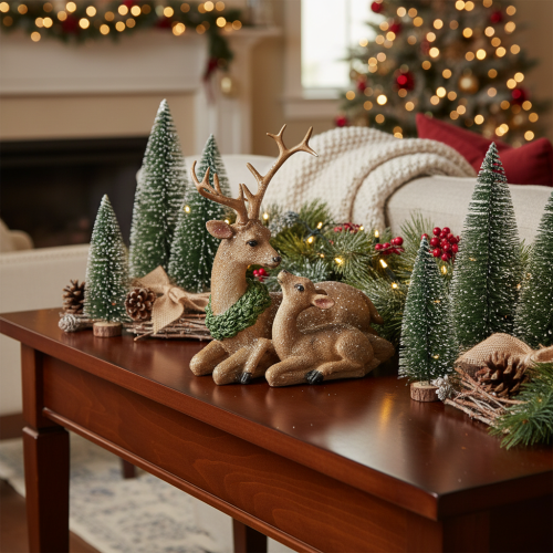Product Deer Family Figurine with Snow, Plastic, 17cm, Brown-Green-White, Indoor Winter Decoration