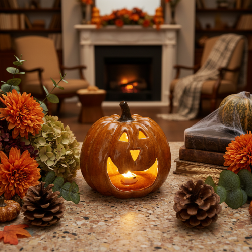 Ceramic Pumpkin Halloween LED Decoration 15cm Orange | Floristik24.co.uk