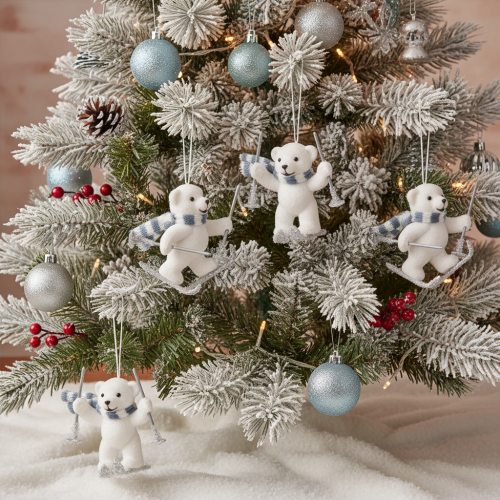 Polar Bear Skiing Hanging Ornaments with Scarf, 10cm, Set of 2, White and Blue-Grey, Indoor Decoration | Floristik24.co.uk