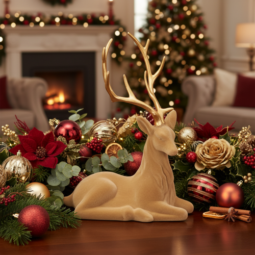 Flocked Lying Stag Decoration with Gold Antlers, 58cm, Light Brown | Floristik24.co.uk