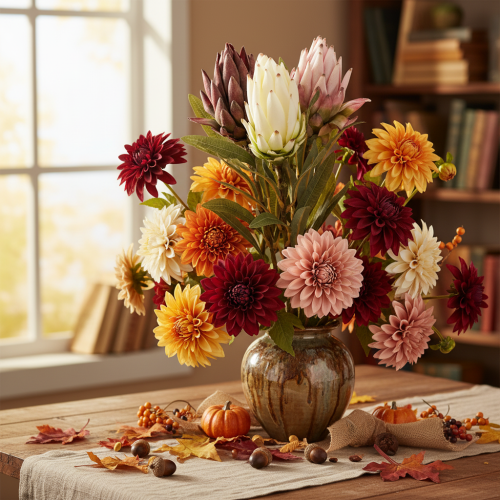 Product Artificial Protea Leucadendron Flowers, 100cm, 3 Stems, Cream, Burgundy, Pink