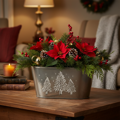 Oval Zinc Planter with Embossed Christmas Tree Design, 25cm, Silver | Floristik24.co.uk
