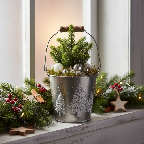Decorative Zinc Bucket with Embossed Trees and Wooden Handle, 13cm, Silver Finish | Floristik24.co.uk