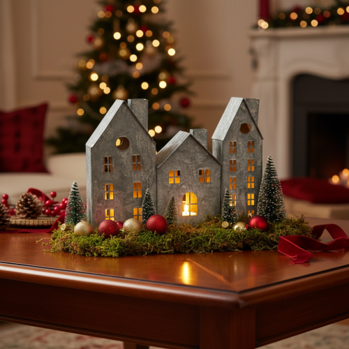 Christmas window decoration, lantern, diorama of a row of houses, silver metal decoration, shabby chic, L20cm H20cm | Floristik24.co.uk