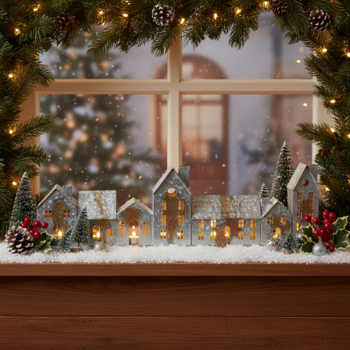 Light-up houses, window decorations, silver light houses, antique-look metal lantern, L67.5cm H20cm | Floristik24.co.uk