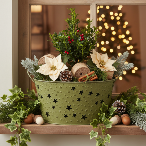Green Metal Bowl with Star Design and Handles Ø20cm H11.5cm | Floristik24.co.uk