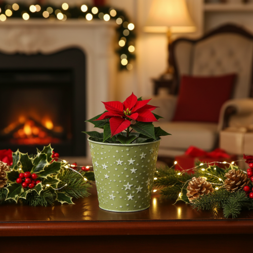 Silver and Green Metal Plant Pot with Star Design Ø14cm | Floristik24.co.uk
