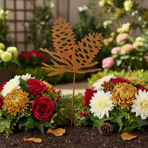 Metal Garden Stake with Pine Cone Design 96cm in Rust Finish | Floristik24.co.uk