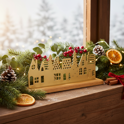 Metal House Silhouette Decoration on Wooden Base 29cm | Floristik24.co.uk