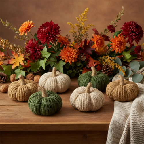 Product Knitted Pumpkin Autumn Decoration Set, 10cm, Brown, Beige, Green, 6pcs