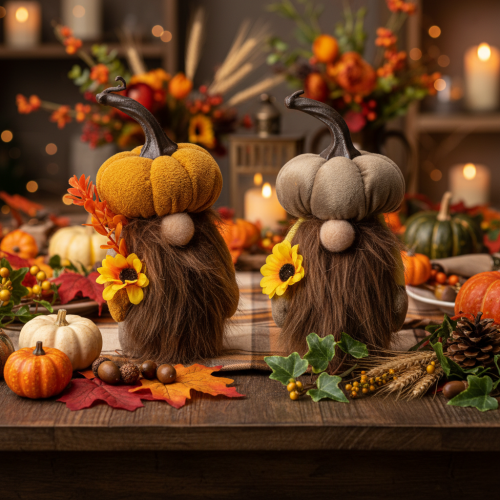 Pumpkin Gnome Autumn Figures with Sunflower and Beard 16cm Set of 2 | Floristik24.co.uk