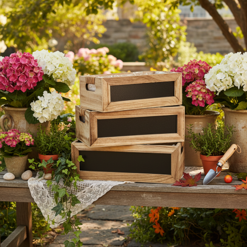 Wooden Storage Crates with Chalkboard and Lining, Set of 3, 36cm, Natural Brown | Floristik24.co.uk