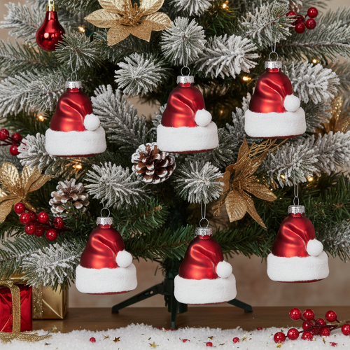 Set of 6 Glass Santa Hat Christmas Baubles, 8cm, Red and White | Floristik24.co.uk