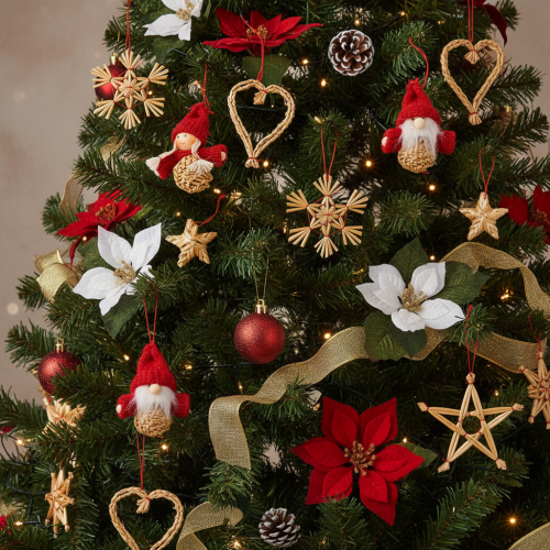 Product Straw Ornament Set Christmas Decorations with Figures and Stars 6cm 30pcs