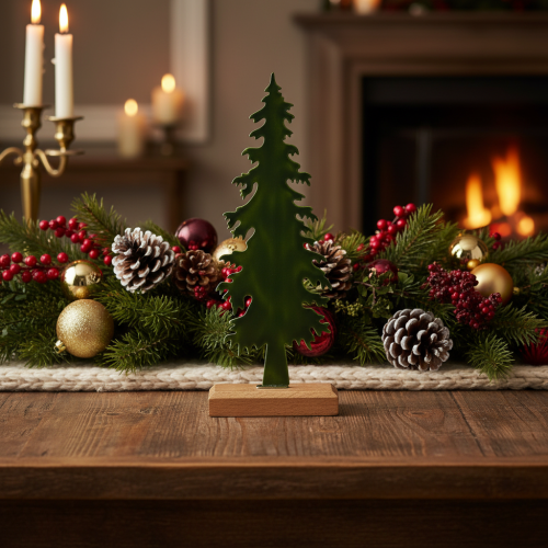 Decorative Metal Pine Tree Figure with Wooden Base 36cm | Floristik24.co.uk