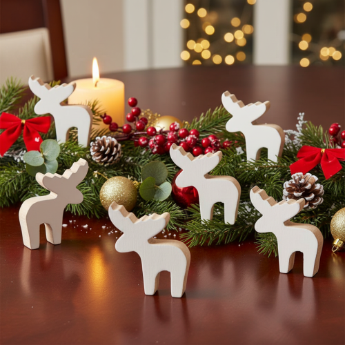 Product Wooden Standing Elk Decoration Set for Christmas, 6cm, White and Natural, 8 Pieces