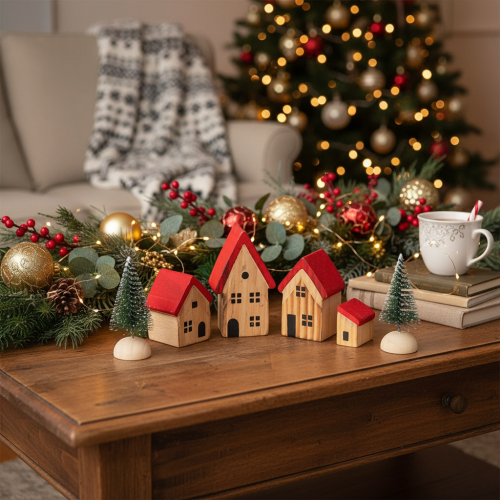 Wooden Decorative House Set with Red Roofs and Trees - 12cm, 6-Piece | Floristik24.co.uk