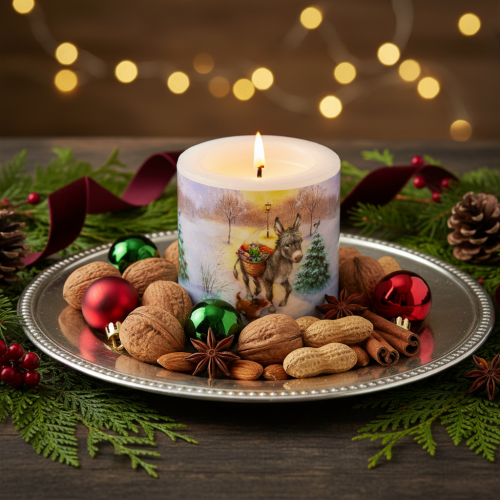 Product Winter Scene Pillar Candle with Donkey and Dog Motif, 10cm, White Wax