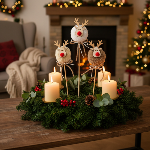 Reindeer Pom-Pom Christmas Decorative Picks, 24cm, Brown, Beige, and White, Set of 12 | Floristik24.co.uk