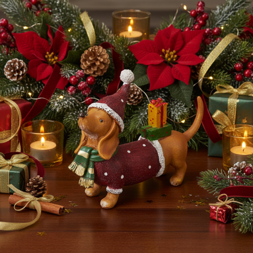 Product Dachshund Christmas Ornament with Gift and Santa Hat, 18cm, Polyresin