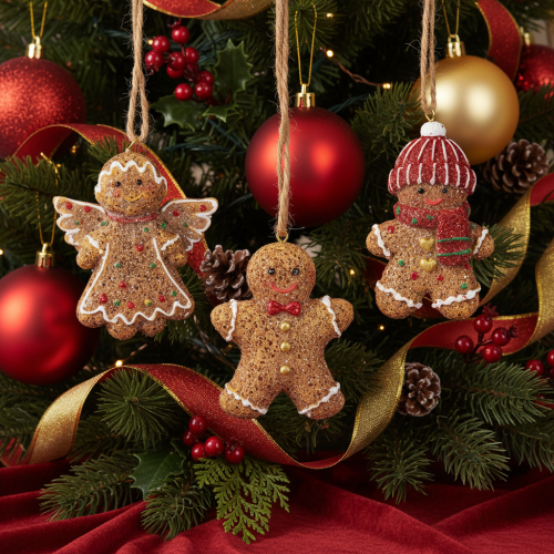 Artificial Gingerbread Hanging Decorations Set of 3, Polyresin, 7cm, Brown, Red, and White | Floristik24.co.uk
