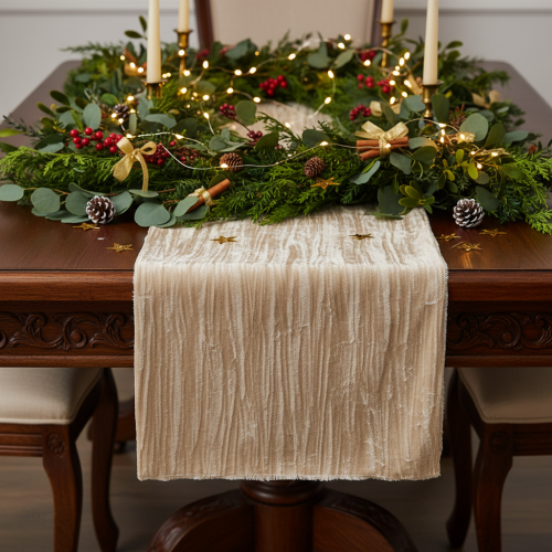 Beige Crushed Velvet Table Runner 25cm x 2m Polyester | Floristik24.co.uk