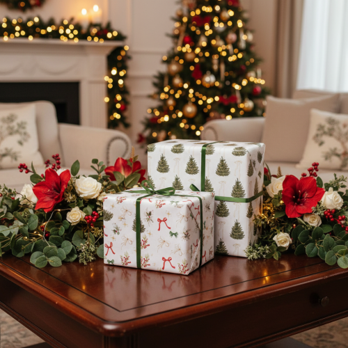Product Christmas Fabric Rolls with Tree and Bow Designs 35cm x 120cm Set of 2