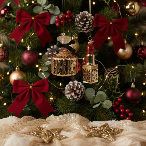 Product Christmas Tree Ornaments Glass Perfume Bottle and Lipstick Leopard Print 11cm 2pcs