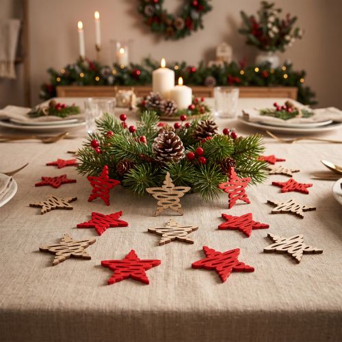 Christmas stars for scattering red, natural wood 4cm 72 pcs | Floristik24.co.uk