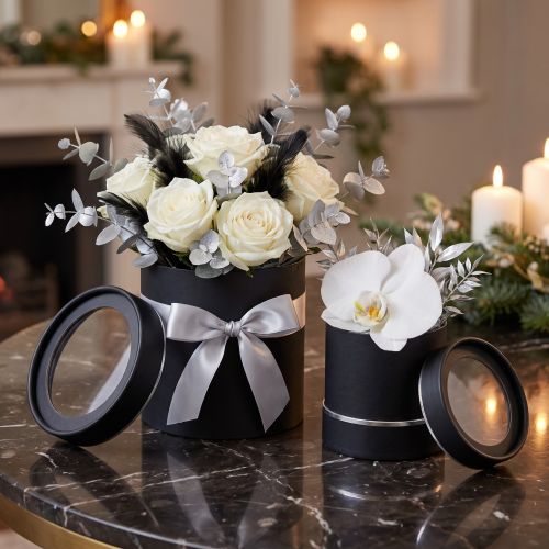 Flower box round cardboard black, silver Ø10/12cm set of 2 | Floristik24.co.uk