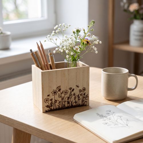 Wooden box pen holder desk organizer natural 14×8×12cm | Floristik24.co.uk
