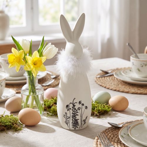 Product Ceramic bunny white rabbits decorative feathers flowers Ø6cm H20.5cm