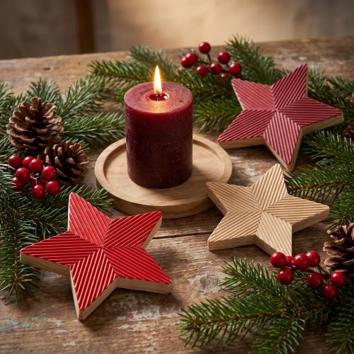 Stars Wooden Christmas Stars Fluted Red Natural 11cm 3 Pcs | Floristik24.co.uk