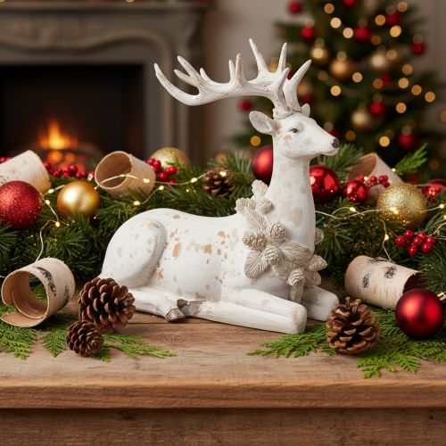 Product Decorative Sitting Stag Figure with Antlers, 30cm, White with Gold and Silver Accents