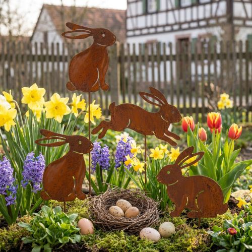Product Garden stake rabbit for Easter decoration with rusty finish in country style 60cm 4pcs
