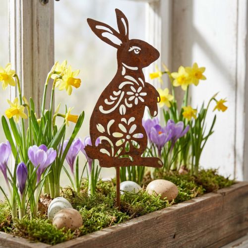 Garden Stake Rust Bunny Flower Pattern Garden Decoration Easter 9×15cm | Floristik24.co.uk