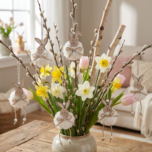 Rabbit decoration wooden rabbits for hanging natural white 5cm×12cm 6pcs | Floristik24.co.uk