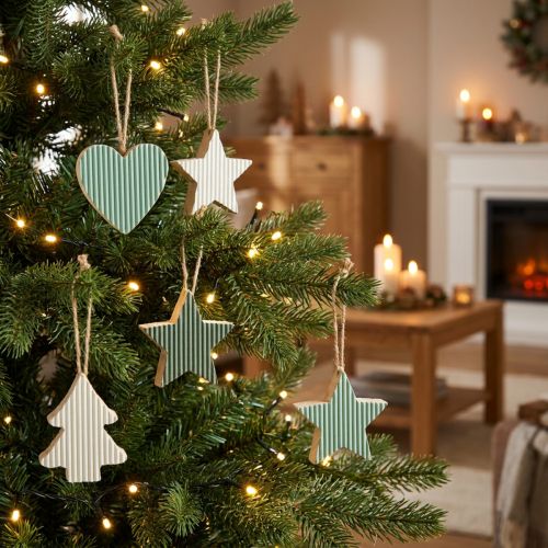 Christmas tree wooden pendant set, heart-tree-star, mint-green-white, 4.5 cm, 9 pieces - Christmas decoration | Floristik24.co.uk