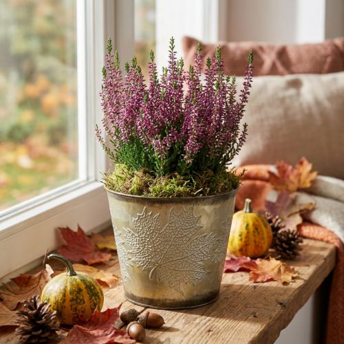 Planter for autumn, metal bucket with leaf decoration, golden metal vessel Ø14cm H12.5cm | Floristik24.co.uk