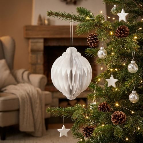 Honeycomb Christmas ball paper white FSC Ø15cm H20cm | Floristik24.co.uk