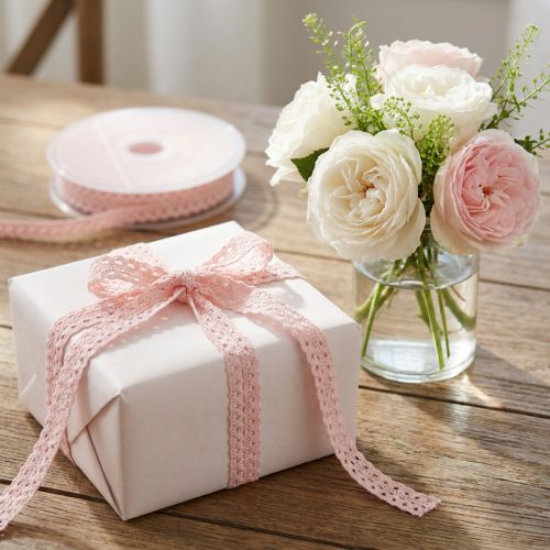 Decorative ribbon with crochet lace pink W9mm L20m | Floristik24.co.uk