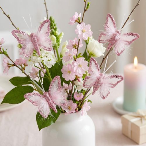 Feather Butterfly Decorative Clip Pink White 5x4.5cm 4 pcs | Floristik24.co.uk
