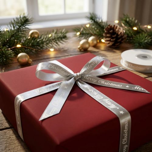 Christmas ribbon Merry Christmas Ribbon Silver White 10mm 20m | Floristik24.co.uk