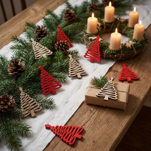 Scattered wooden fir tree with star natural red 3x4.5cm 72 pcs | Floristik24.co.uk