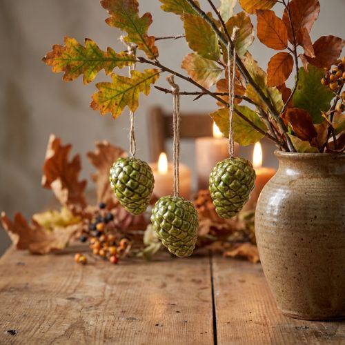 Green Ceramic Pine Cone Hanging Decorations – Set of 3, 5cm | Floristik24.co.uk