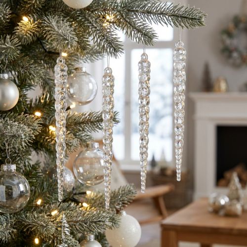 Decorative icicles for hanging winter clear glitter 14cm 4pcs | Floristik24.co.uk