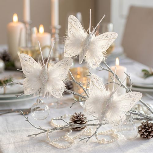 Feather butterflies on clip white glitter 5x4.5cm 4 pcs | Floristik24.co.uk